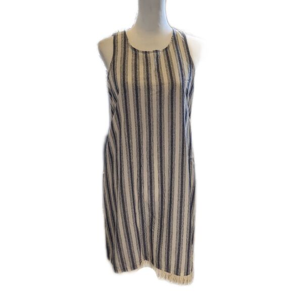 MSK 100% cotton lightweight blue & cream vertical striped dress, fringe detail S - Picture 1 of 7